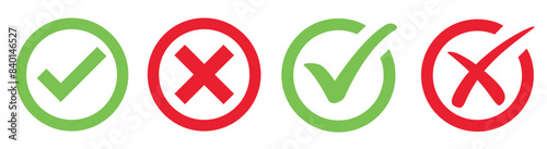 Check mark icon button set. Check box icon with right and wrong buttons and yes or no checkmark icons in green tick box and red cross.