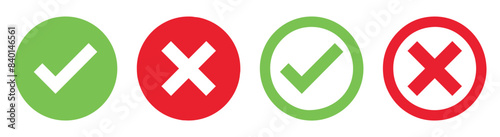 Check mark icon button set. Check box icon with right and wrong buttons and yes or no checkmark icons in green tick box and red cross. photo