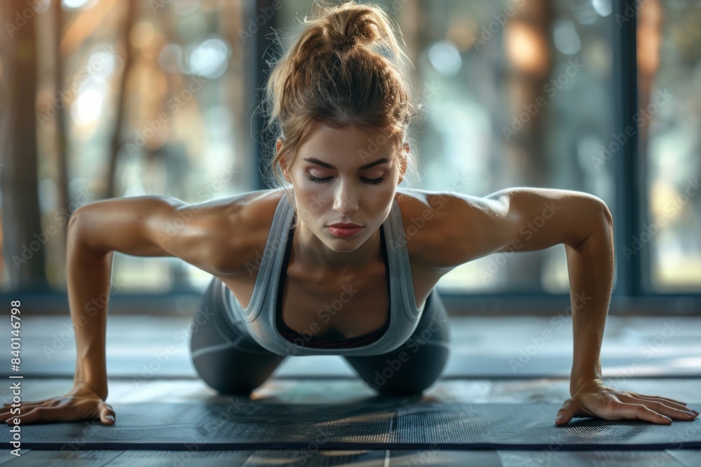 Female exercising push-ups on yoga mat at gym Female exercising push-ups on yoga mat at gym