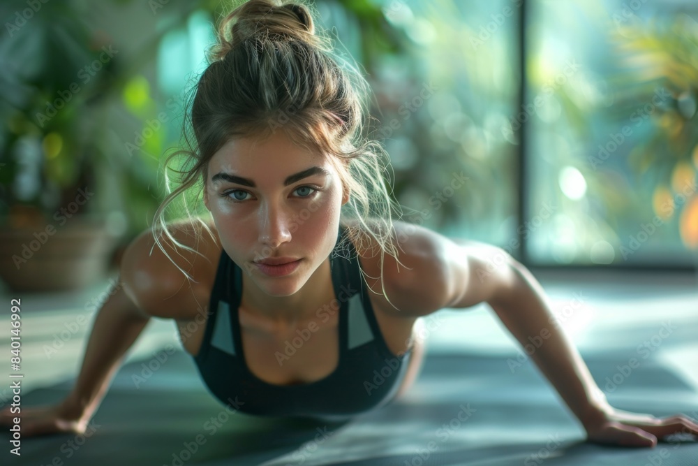Woman performs push-ups on yoga mat at gym Woman performs push-ups on yoga mat at gym