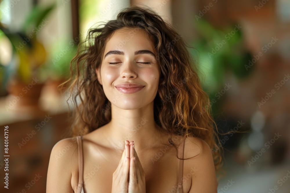 Female with closed eyes and clasped hands praying Female with closed eyes and clasped hands praying