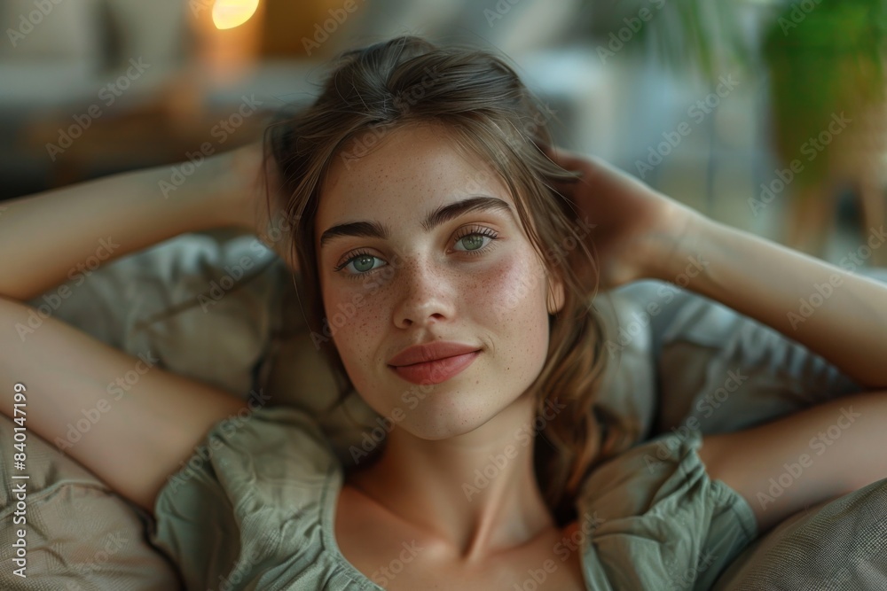 Fototapeta premium Woman on couch, hands on head