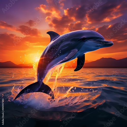 Dolphin leaping-majestically against the backdrop of a setting sun rendered in ultra-high definition.