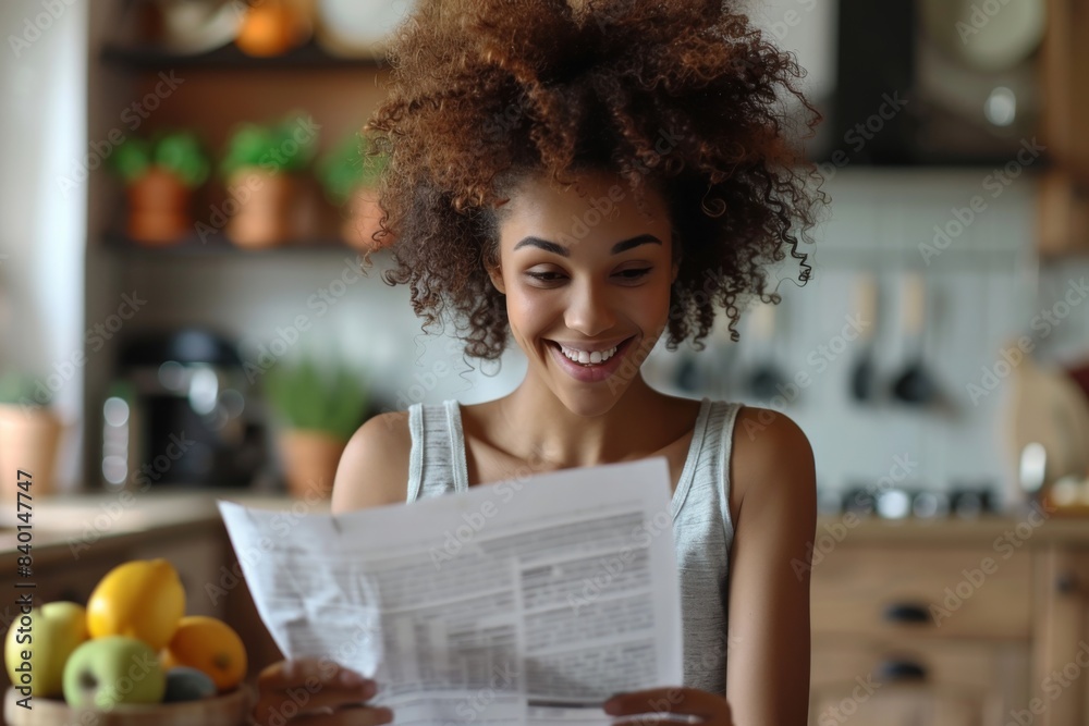 Woman smiles reads newspaper kitchen fruit counter Woman smiles reads newspaper kitchen fruit counter