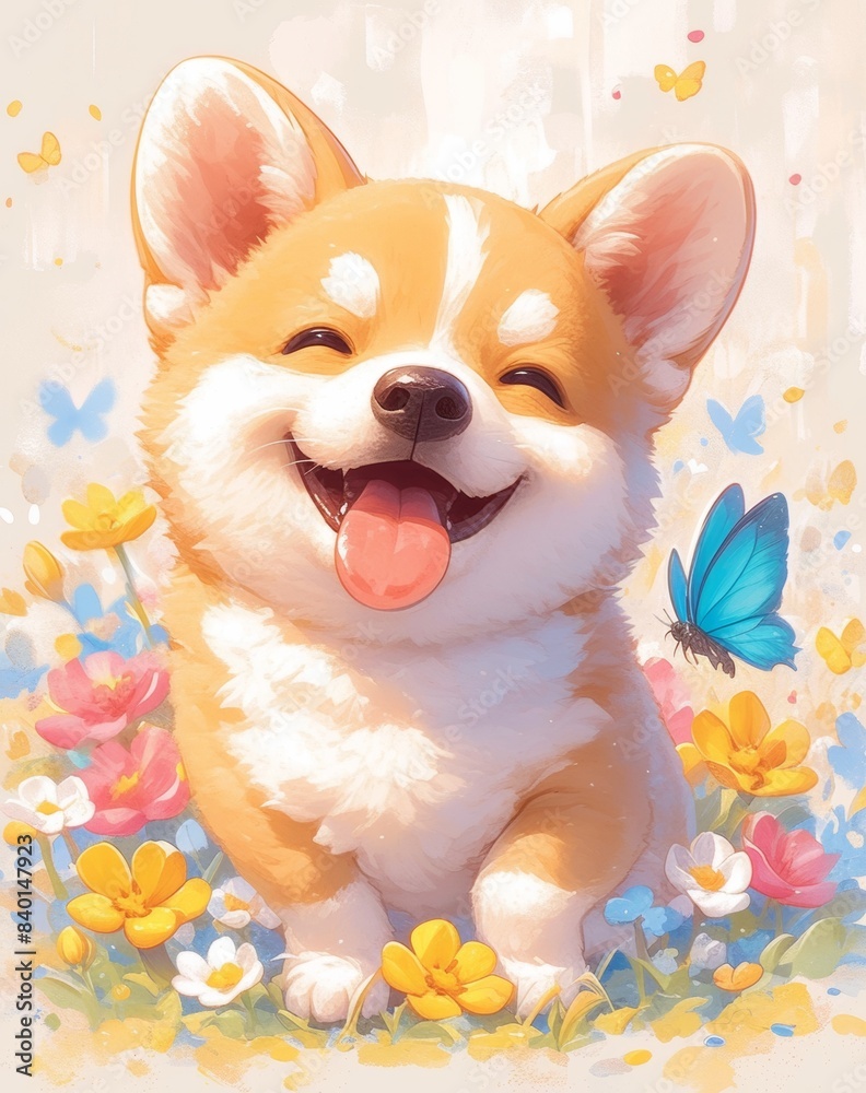 a kawaii corgi with butterflies and flowers in the background, white background, sticker design, t shirt print