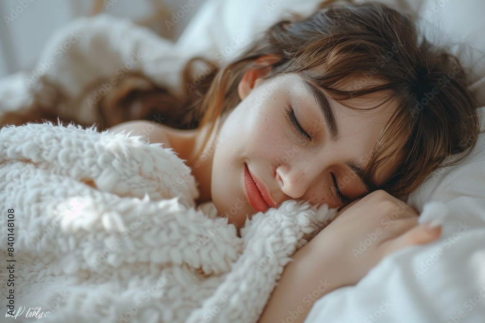 Female asleep white blanket bed Female asleep white blanket bed