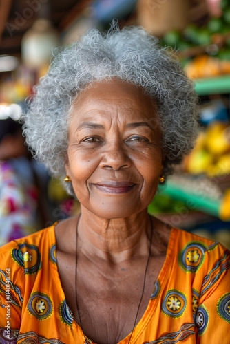 elderly Brazilian woman with warm brown skin and a joyful expression