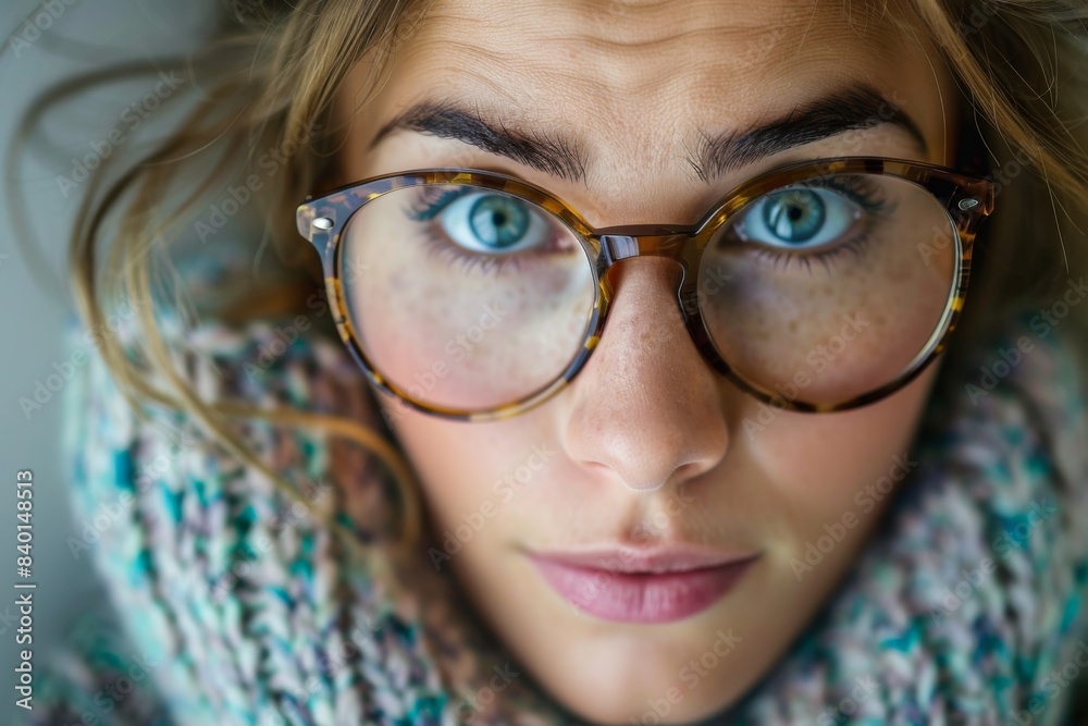 Blonde woman in glasses and scarf making eye contact