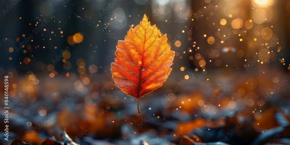 A single leaf drifts in the air, encircled by other leaves A single leaf drifts in the air, encircled by other leaves