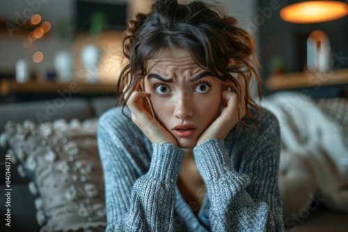 Shocked woman on couch photo