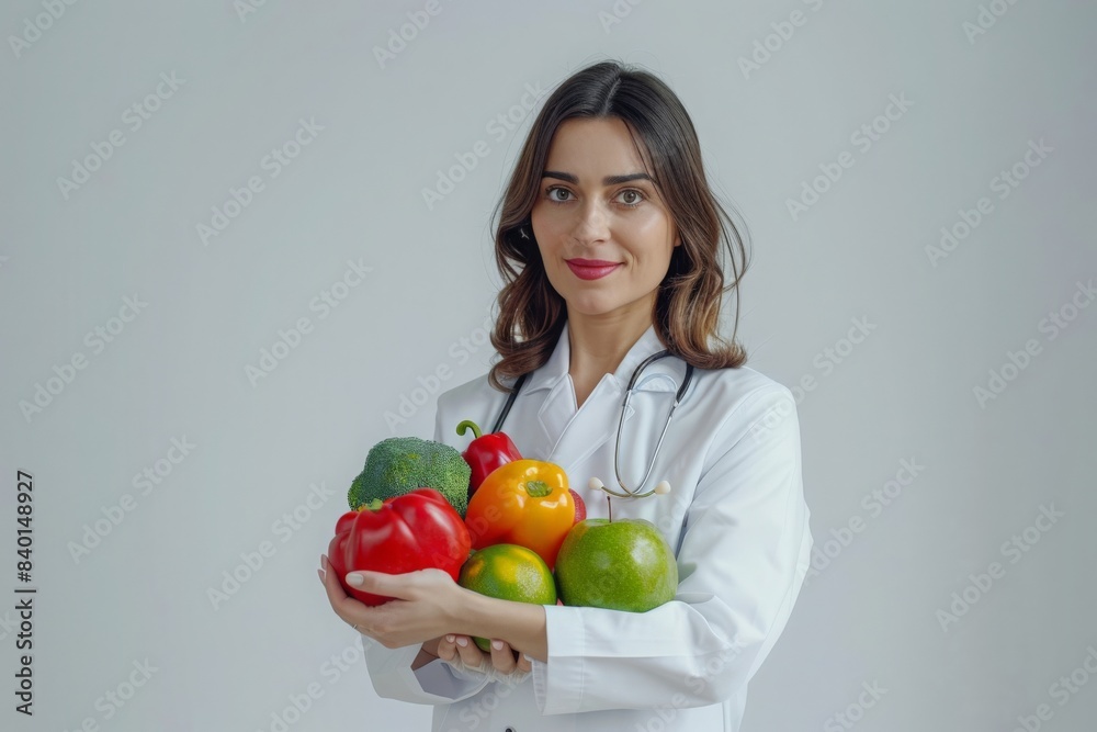 Adult european woman doctor nutritionist in white coat hold organic fruits , vegetables in hands on white background, studio. Healthcare, proper nutrition recommendation, medical diet and treatment Adult european woman doctor nutritionist in white coat hold organic fruits , vegetables in hands on white background, studio. Healthcare, proper nutrition recommendation, medical diet and treatment