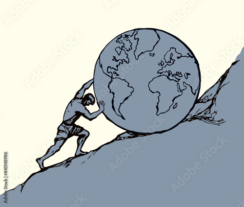 Bild auf Leinwand A man rolls a earth up the hill. Vector drawing