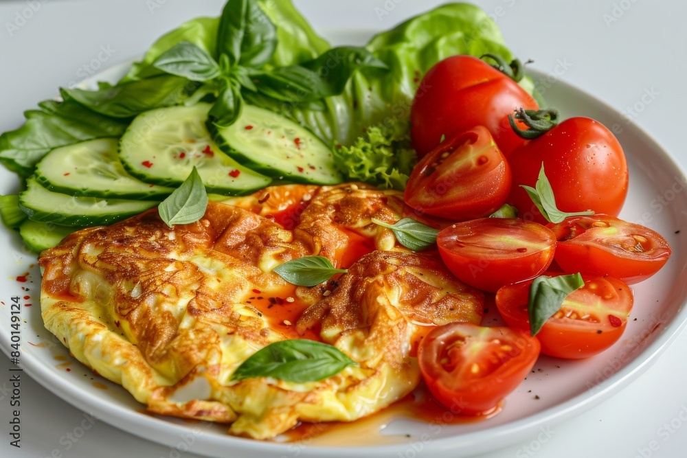 Fresh vegetable omelette with tomatoes and cucumbers, served on a clean white plate, set in a bright kitchen scene with natural light Fresh vegetable omelette with tomatoes and cucumbers, served on a clean white plate, set in a bright kitchen scene with natural light