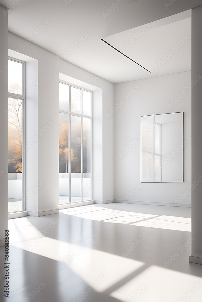 Obraz premium Contemporary modern home with clean minimalist interior, frame mockup for art, and elegant 3D rendering design