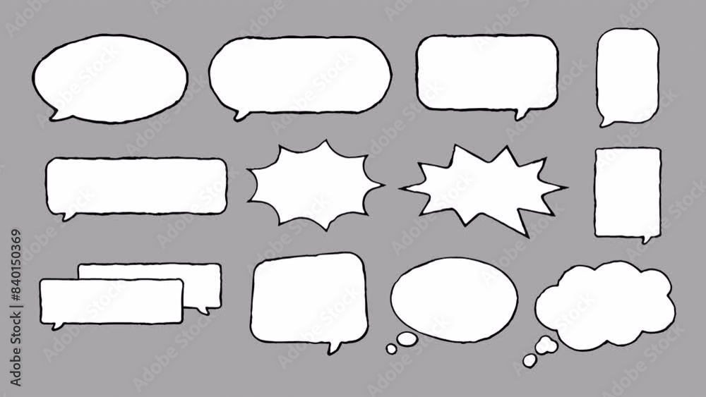 Comic Style Wiggle Speech Bubbles Cartoon Dialog Pack, chat cloud, talking bubble, dreaming symbol, thoughts, sketchy, and doodle. Loop animation on a transparent background_ alpha channel.