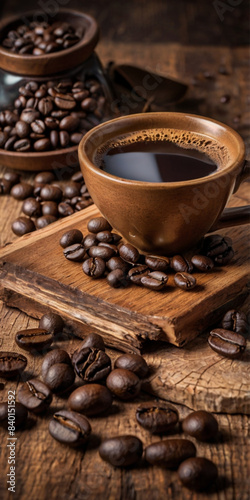 Cup of coffee and coffee beans on wooden background
