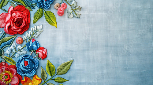 colorful embroidered flowers, elegant border frame against pastel blue linen fabric. Delicate threadwork photo