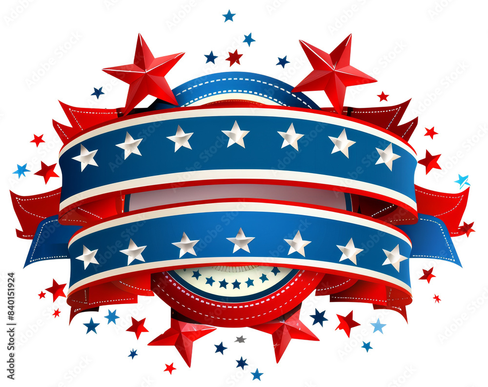 Patriotic red, white and blue banner with stars and ribbons, perfect for Independence Day or 4th of July celebrations. Patriotic red, white and blue banner with stars and ribbons, perfect for Independence Day or 4th of July celebrations.