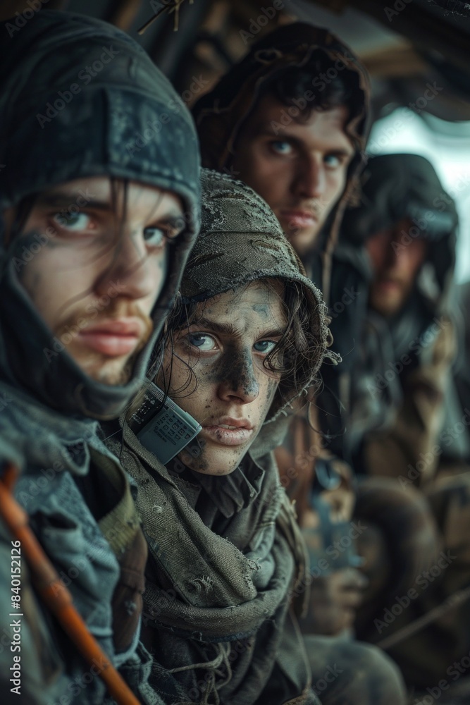 A group of people in dark, dirty clothes is looking sadly and wearily at the camera. A group of people in dark, dirty clothes is looking sadly and wearily at the camera.