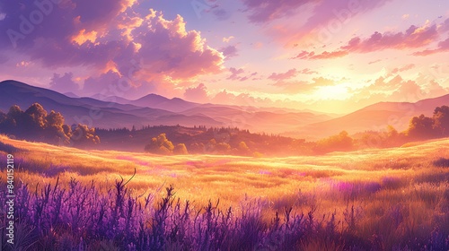 Beautiful panoramic natural landscape with meadow sunset and purple wildflowers