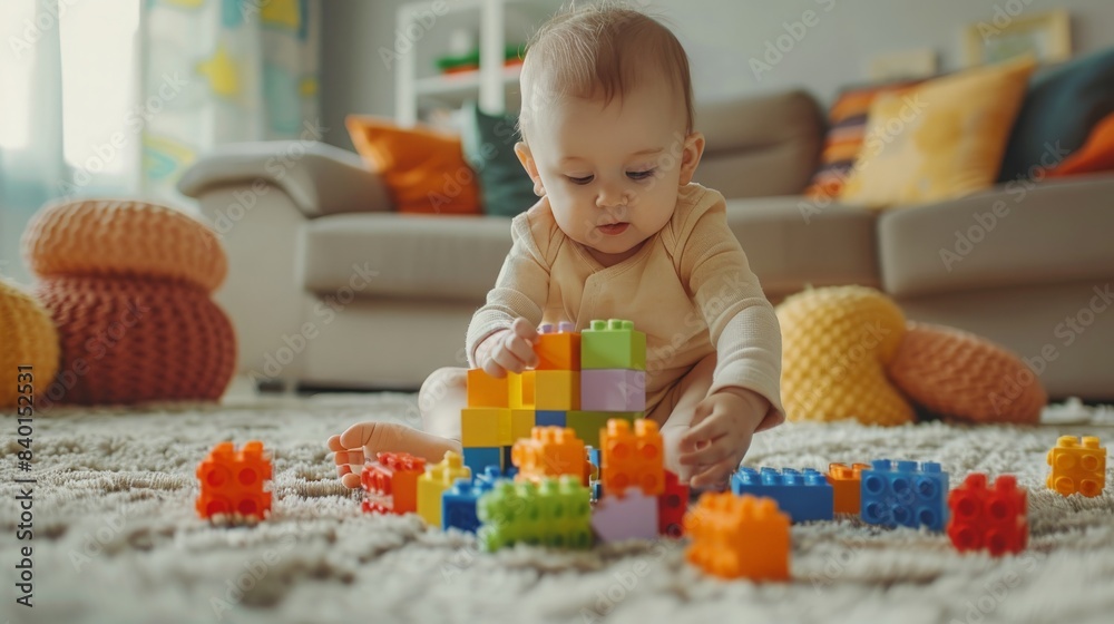 Developmental Toys Concept. Cute Infant Baby Playing With Colorful Building Blocks At Home, Adorable Little Boy Or Girl Wearing Bodysuit Sitting On Carpet In Living Room, Copy Space Developmental Toys Concept. Cute Infant Baby Playing With Colorful Building Blocks At Home, Adorable Little Boy Or Girl Wearing Bodysuit Sitting On Carpet In Living Room, Copy Space