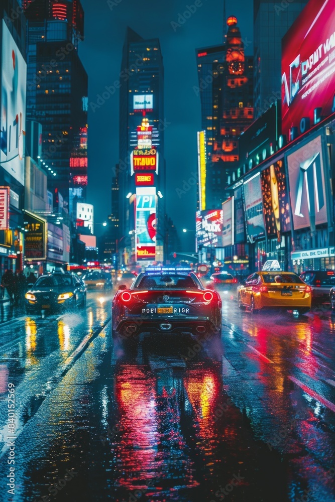Naklejka premium Cars are driving through the nighttime metropolis in neon lights and colorful reflections, with skyscrapers covered in advertising billboards.