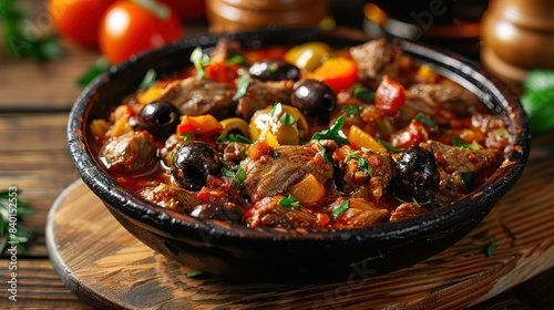 typical stew with beef tripe, serving with olives