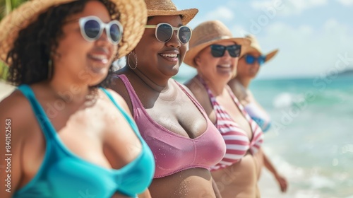 Diverse group of happy plus size women in swimwear enjoying a sunny day on the beach with big smiles and sunglasses