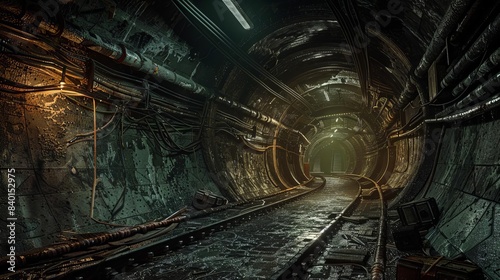 Dark, abandoned underground tunnel with metal pipes and rail tracks, showing industrial decay and eerie atmosphere.