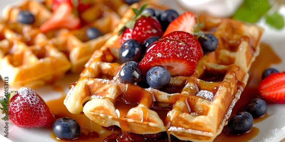 Topdown view of Belgian waffles with blueberries strawberries and caramel sauce. Concept Food Photography, Belgian Waffles, Fruits, Caramel Sauce, Top-down View Topdown view of Belgian waffles with blueberries strawberries and caramel sauce. Concept Food Photography, Belgian Waffles, Fruits, Caramel Sauce, Top-down View