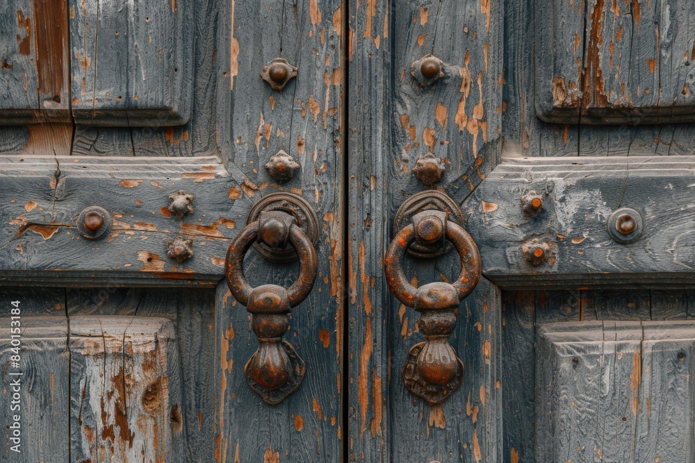 Close up of door with metal handle and ring Close up of door with metal handle and ring