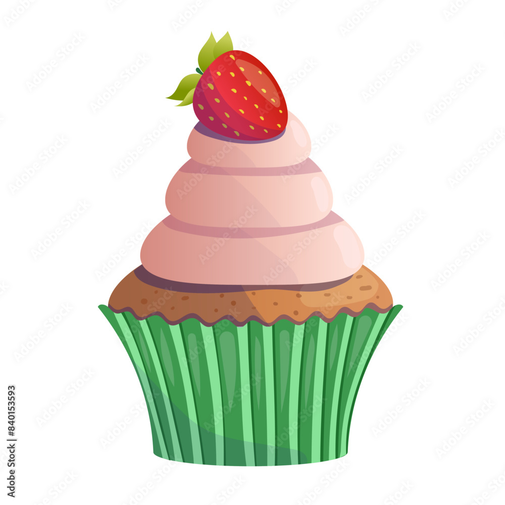 Cupcake with strawberry and cream. Sweet food, dessert. Cute illustration, vector isolated on white background. Cupcake with strawberry and cream. Sweet food, dessert. Cute illustration, vector isolated on white background.