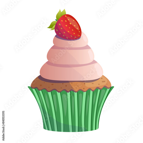 Cupcake with strawberry and cream. Sweet food  dessert. Cute illustration  vector isolated on white background. 