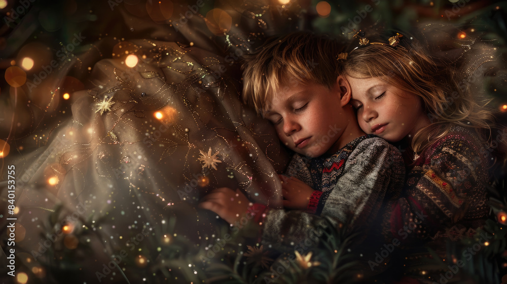 Two children, a brother and sister, sleep soundly under twinkling Christmas lights Two children, a brother and sister, sleep soundly under twinkling Christmas lights