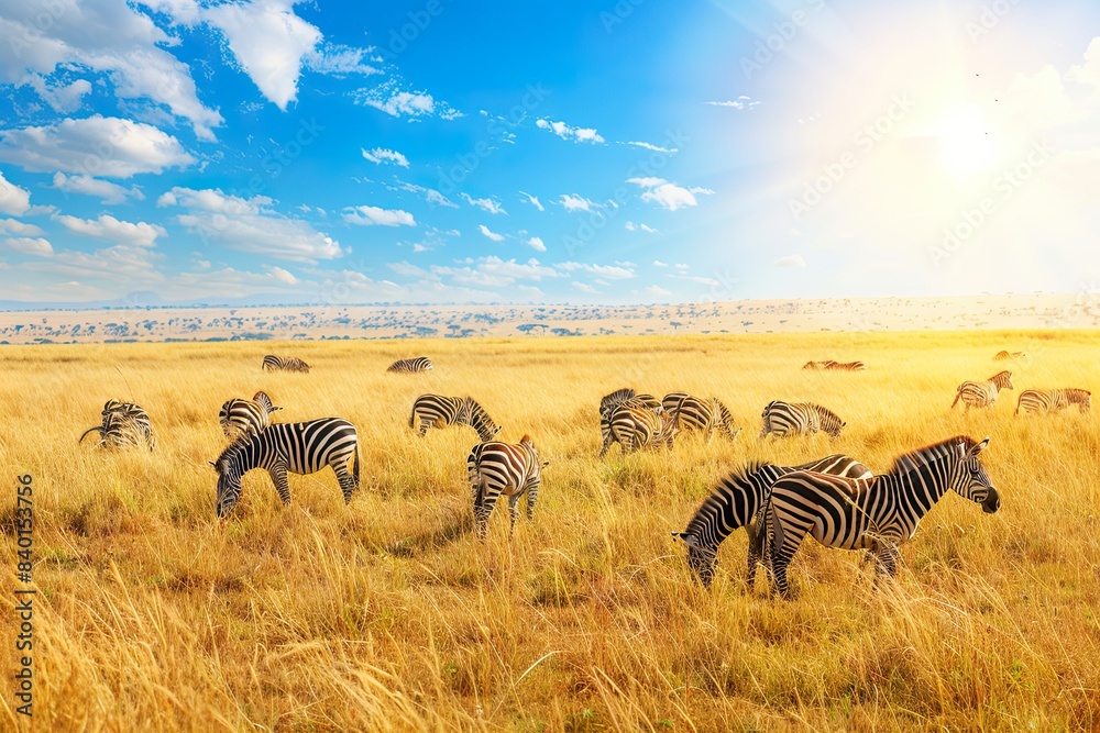 Naklejka premium Zebras Grazing in Sunlit Savannah