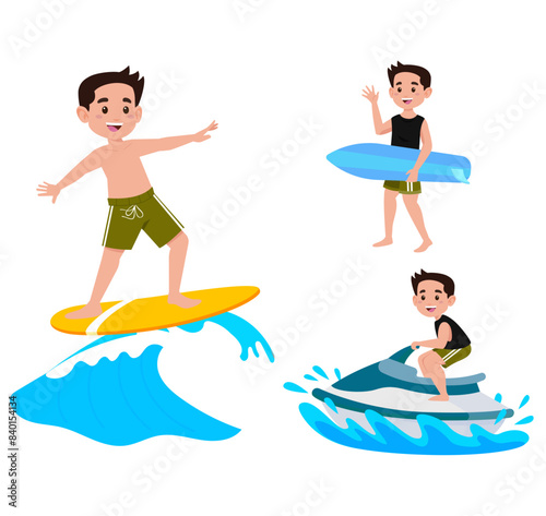 Human characters of surfers with their boards