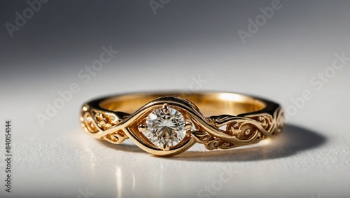 Beautiful golden ring with big diamond, plain, white background