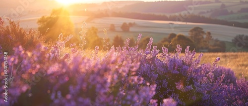Panoramic view of purple heather flowers in the foreground, rolling hills and fields at sunrise background.  photo