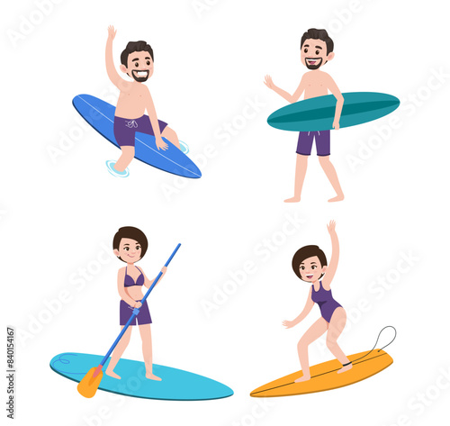 Human characters of surfers with their boards