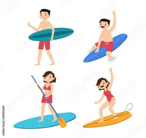 Human characters of surfers with their boards