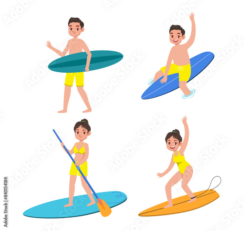 Human characters of surfers with their boards