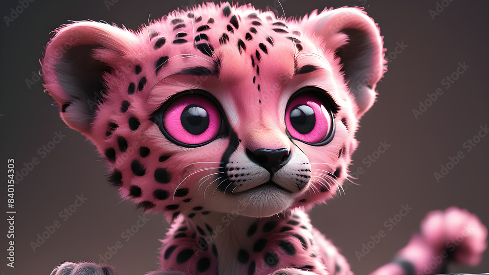 A cute Pink and charcoal baby cheetah with big pink eyes, animated, cartoon, unreal, 8K. A cute Pink and charcoal baby cheetah with big pink eyes, animated, cartoon, unreal, 8K.
