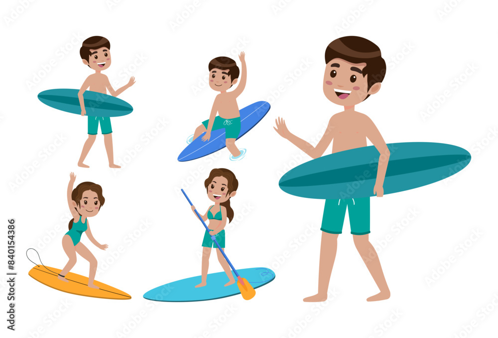 Human characters of surfers with their boards Human characters of surfers with their boards