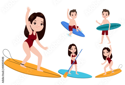 Human characters of surfers with their boards