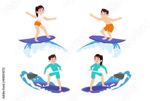 Human characters of surfers with their boards