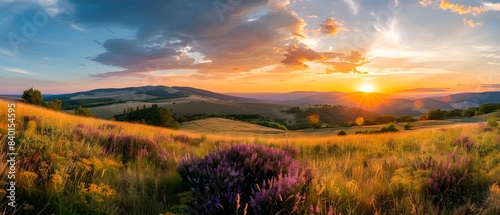 Panoramic view of purple heather flowers in the foreground  rolling hills and fields at sunrise background. 