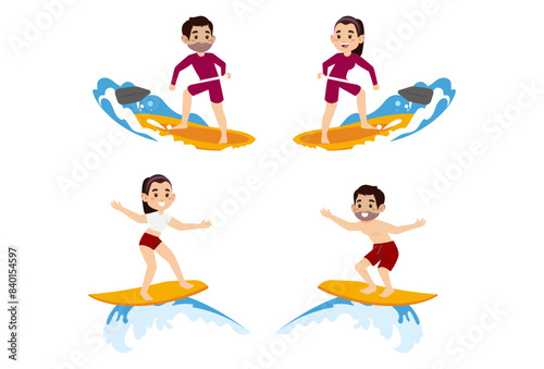 Human characters of surfers with their boards