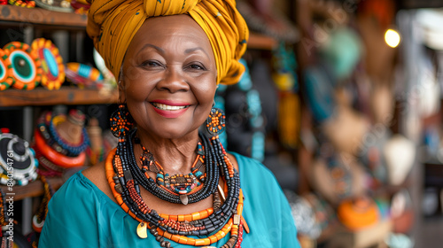 An elderly South African woman with a colorful headscarf and traditional jewelry