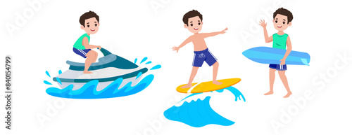 Human characters of surfers with their boards