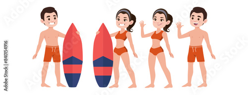 Human characters of surfers with their boards